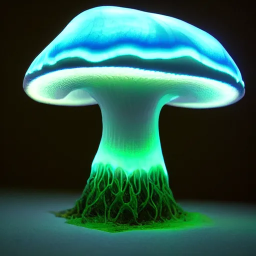 Prompt: a bioluminescent parametric mushroom with veins