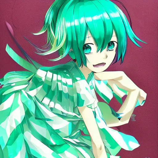 Image similar to hatsune miku short hair, anime style, hyper detailed, light green dress, illustration, digital painting, high delicate defined details, anime stylized, highly detailed, realistic, sharp focus