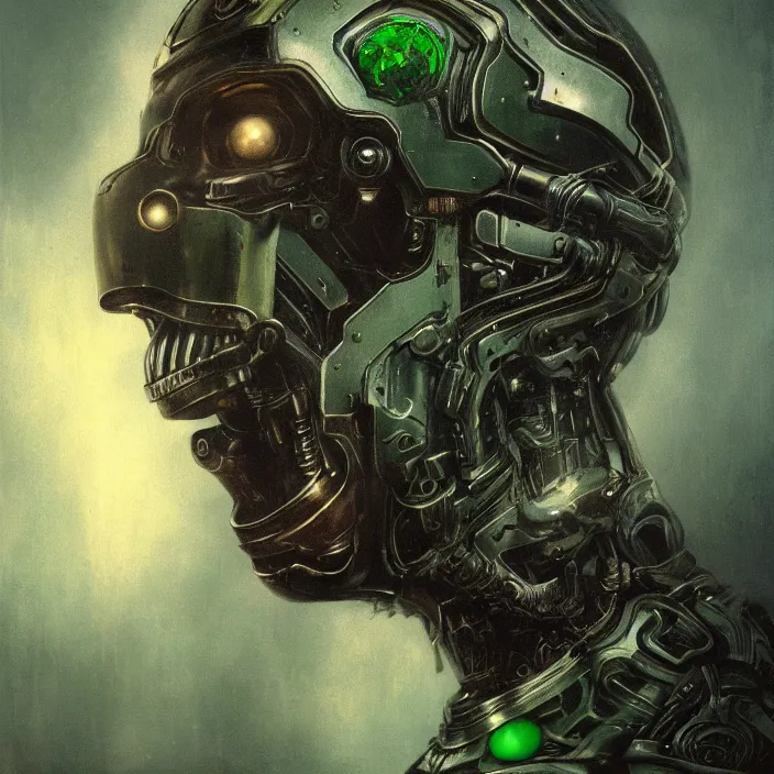 Image similar to portrait of a green Ultron from Age of Ultron, clockwork steampunk, head and chest only, by Beksinski, 4k, deviantart, trending on artstation