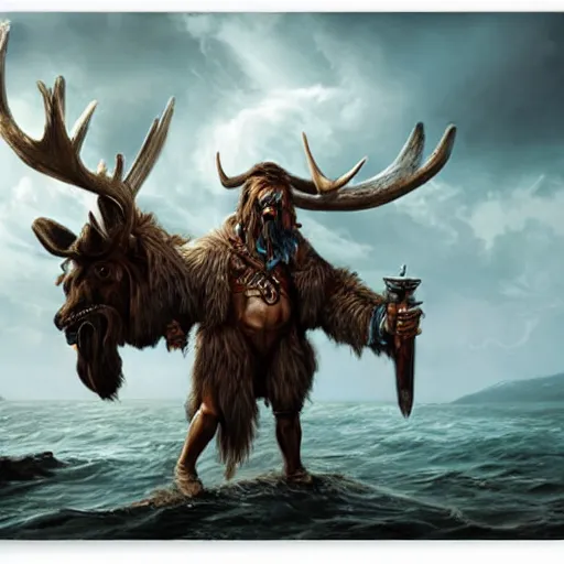 Image similar to anthropomorphic moose barbarian humanoid by wlop, pirate ship, sea, fantasy