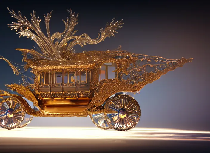 Prompt: cinderella stage coach, white pearlescent, chrome, iridescent titanium, crystal, liquid gold, copper, bronze biomechanical architecture, cinematic, crystalline masterpiece incrustations, hyperdetailed metalwork, in volumetric soft glowing mist, movie still, octane render, pixar, crepuscular rays,