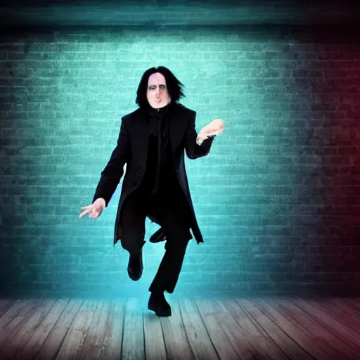 Image similar to Severus Snape dances in a bar, neon, realistic, full body, very detailed, super realistic dramatic view