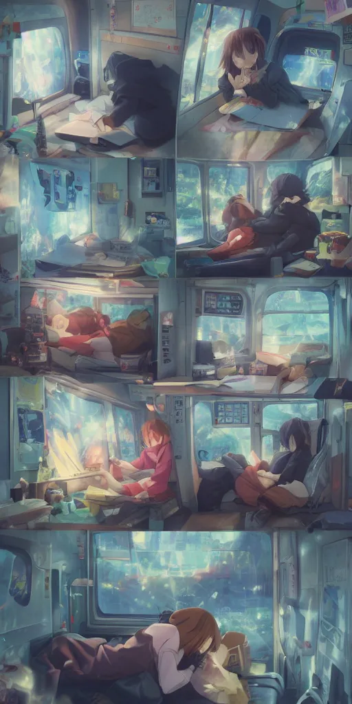 Prompt: 3 panel scene, anime cat sleeps inside a japan train - dramatic cozy arts by wlop and okuda genso. wide angle lens. featured on pixiv, anime aesthetic. pixiv, warm aesthetic, rays of light, volumetric light, artstation, vanitas, official art, gothic, noise film photo. octane render, redshift render, ue 4