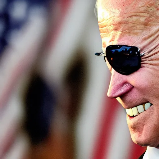 Image similar to Joe Biden with glowing eyes, sinister, evil, laughing, smiling, dark