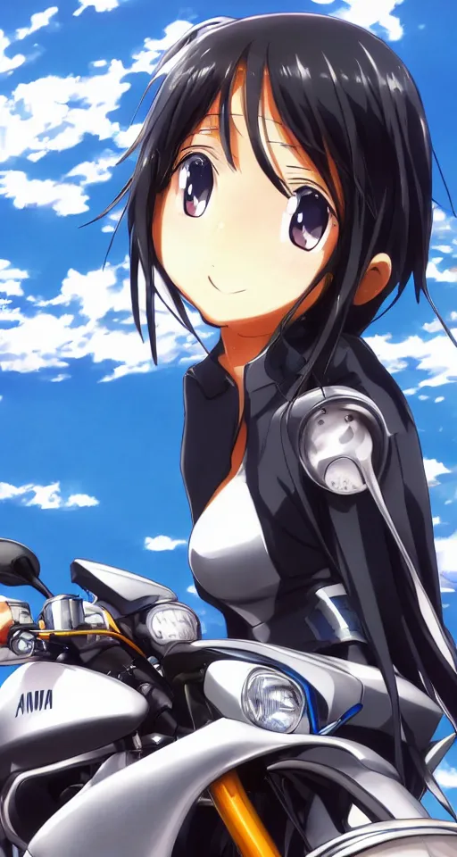 Image similar to close up of a high definition anime girl in a 1998 black Yamaha V80 motorbike with armenia quindio in the background , Artwork by Makoto Shinkai, pixiv, 8k, official media, wallpaper, hd