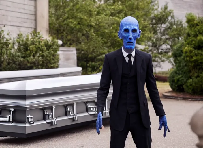 Image similar to Ebony Maw working as a funeral director in the new avengers movie, 4k