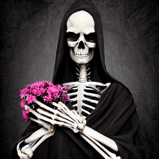 Prompt: cinematic shot epic portrait skeleton wearing a dark robe holding flowers crying, hyper realistic, mood lighting, fantasy, detailed face, highly detailed, super realistic, perfect lighting