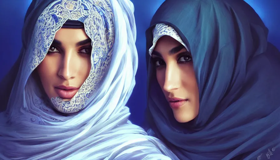 Prompt: Portrait of very very very very very very beautiful Arab woman wearing a Niqab, glowing magical eyes, energy trails, under giant full moon in the desert, intricate, elegant, highly detailed, digital painting, artstation, concept art, smooth, sharp focus, illustration, art by artgerm and greg rutkowski and alphonse mucha