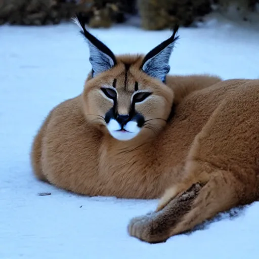 Image similar to fullbody photo still of sleepy fat chubby caracal, lying sleeping on snowy ice, big stomach, fullbody, sunny winter day