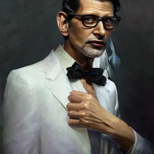 Image similar to hyperrealistic portrait of a man as jeff goldblum posing to noir moon in a white swan dress wearing sapphire jewellery with long feather collar by jeremy mann and alphonse mucha, fantasy art, photo realistic, dynamic lighting, artstation, poster, volumetric lighting, very detailed faces, 4 k, award winning