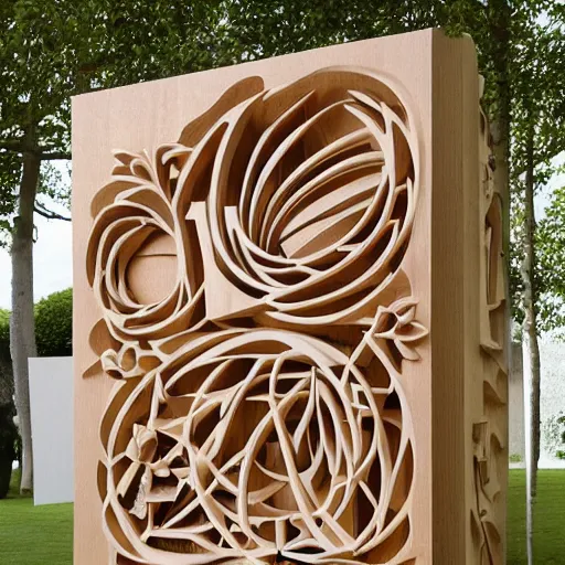 Prompt: eva jospin high detailed wood carving of contemporary architectural garden design