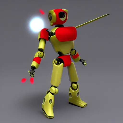 Prompt: a toy figure of a robot with a sword, a raytraced image by Yoshiyuki Tomino, polycount, toyism, marvel comics, polycount, made of trash