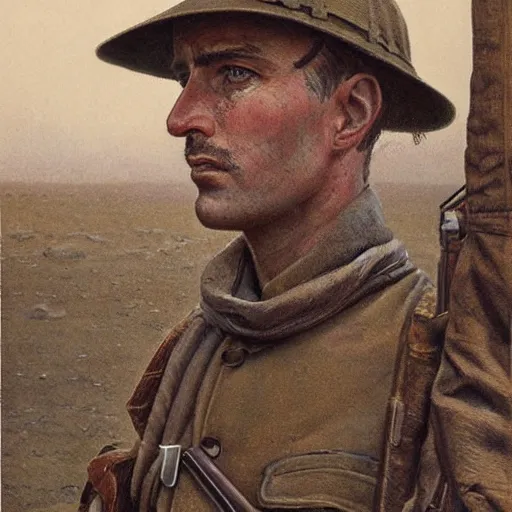 Image similar to a detailed photorealistic sepia - toned color portrait painting of a 1 9 1 7 worried clean - shaven british lieutenant in field gear in north arabia, ultra realistic, intricate details, atmospheric, dark, brooding, highly detailed, by clyde caldwell
