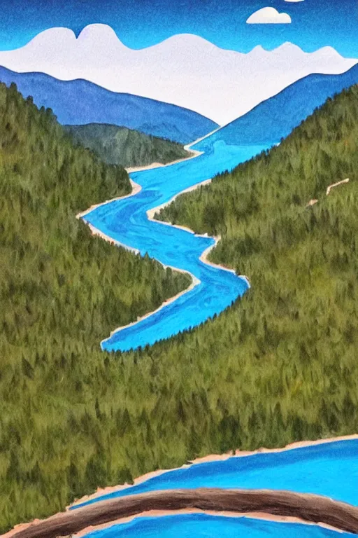 Image similar to mountaintop river flat illustration acrylic art trending on artstation