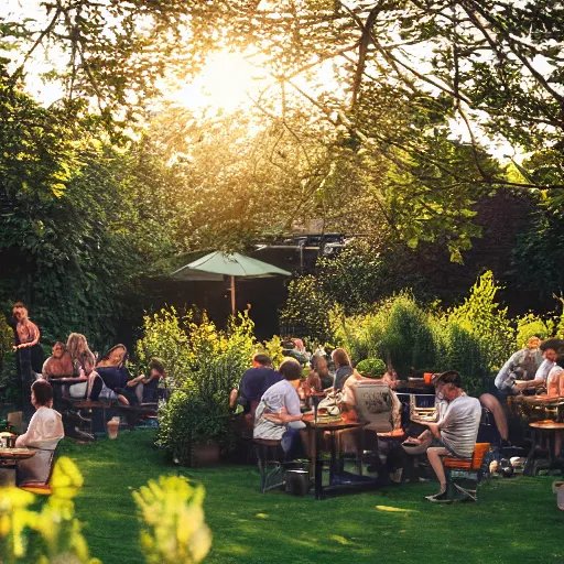 Image similar to an english pub garden at golden hour, attractive people are dancing and drinking pints of lager and smoking cigarettes