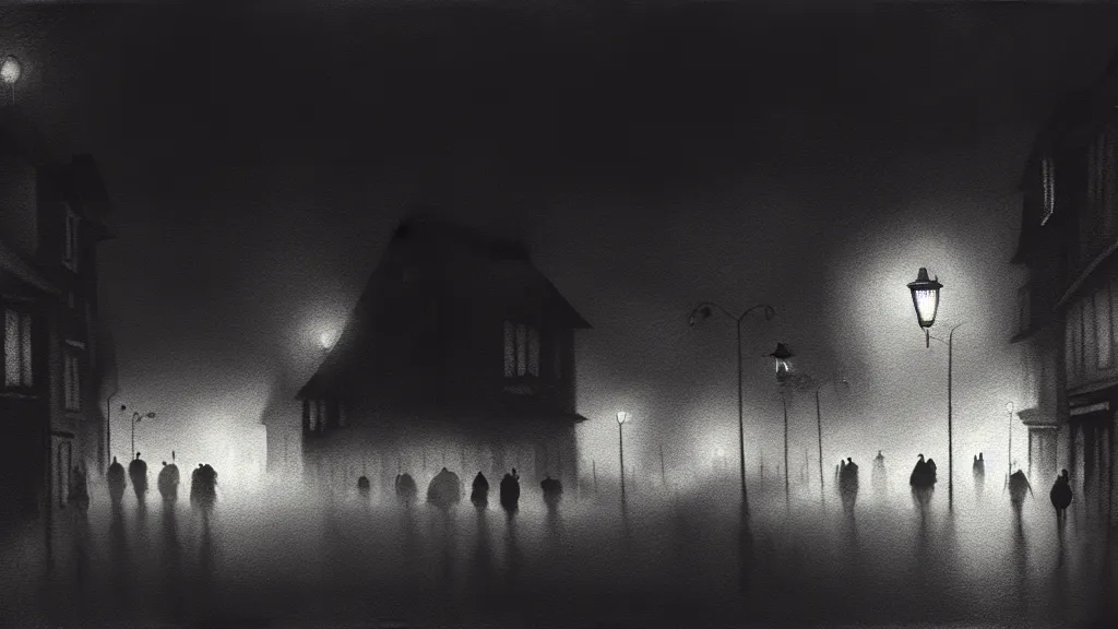 Image similar to a black sphere with glowing edges over old town with houses in the windows of which the light is on and a crowd of people on street. early morning, fog on ground, wet street. mike barr painting. volumetric light, dull colors, dark, noir arthouse, 3 5 mm, hight detalied, hd, 4 k