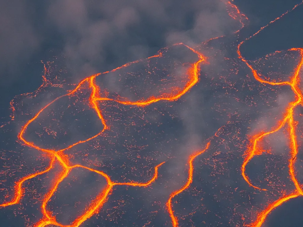 Prompt: an aerial view of an erupting volcano, sunset, no clouds, snowy mountain, lava everywhere, a big city is close to the erupting volcano, black smoke, thunders