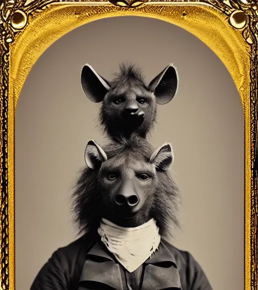 Prompt: professional studio photo portrait of anthro anthropomorphic spotted hyena head animal person fursona wearing elaborate pompous royal king robes clothes gold frame by Louis Daguerre daguerreotype tintype