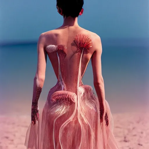 Image similar to Fashion photography of a woman wearing a dress inspired by a jellyfish, from behind, artistic photography, insanely detailed, chiaroscuro, cinestill 800t, Vogue magazine