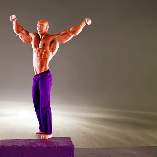 Prompt: 35mm picture of a bodybuilder standing next to a purple floating rectangle with lightning edges