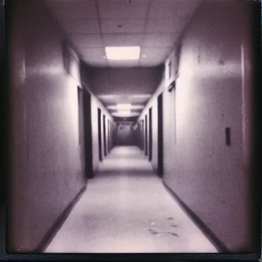 Image similar to polaroid of a terrifying thing in a school hallway at night