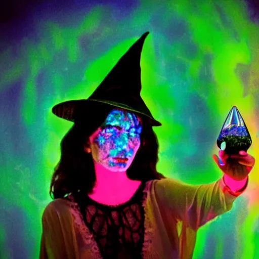 Image similar to beautiful witch holding a glowing crystal, insane colors deep acid trip, film still