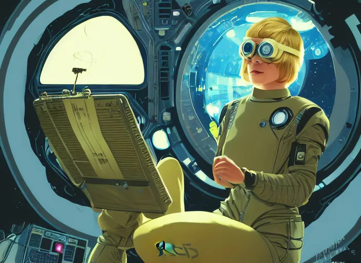 Prompt: awkward lonely brilliant female blond teenage tomboy girl with short hair, in a starship reactor room, flight suit, wearing victorian brass goggles, risograph grainy drawing, science fiction, andreas rocha, complimentary color palette, mark brooks, 1 9 8 0, krenz cushart, kodachrome, natural colors, comicbook spreadsheet,