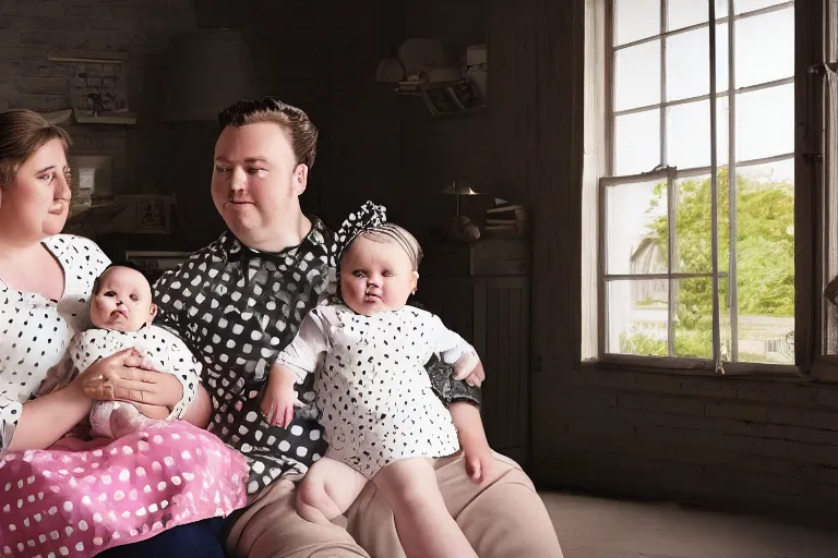 Prompt: charming and chubby parents and their baby girl, wearing a polka dot cloths and a victorian - style hairdo, sits in the large and bright studio. sunlight enters through the barred window. very realistic shiny skin. subsurface scattering shiny skin. beautiful lighting, 4 k post - processing, highly detailed, 5 k extremely detailed, 3 d. cinematic scene.