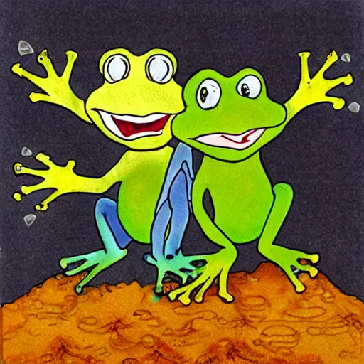 Prompt: frog and toad play metallica songs by arnold lobel