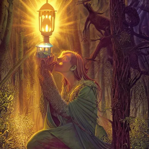 Prompt: the forest queen with her lantern, by leo and diane dillon and kit williams and andrew ferez, dramatic lighting, god rays, smooth, sharp focus, highly detailed