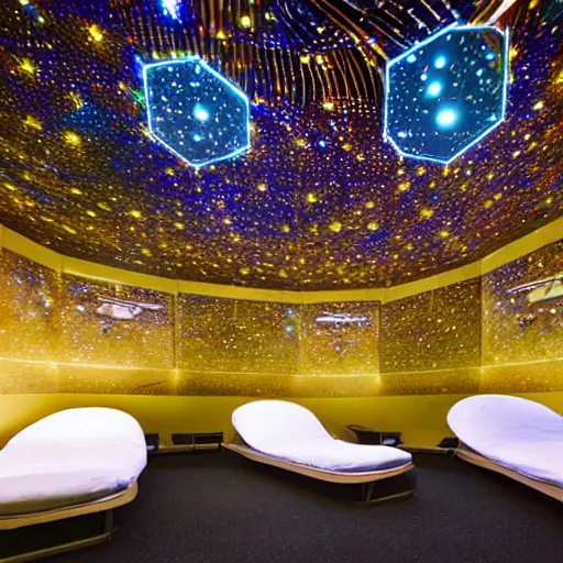 Image similar to cybernetic sleeping pods, diverse humans sleeping in healing pods, humans sleeping in healing pods, wide wide angle, vivid, elaborate, starry forest, highly detailed, beautiful dim lighting