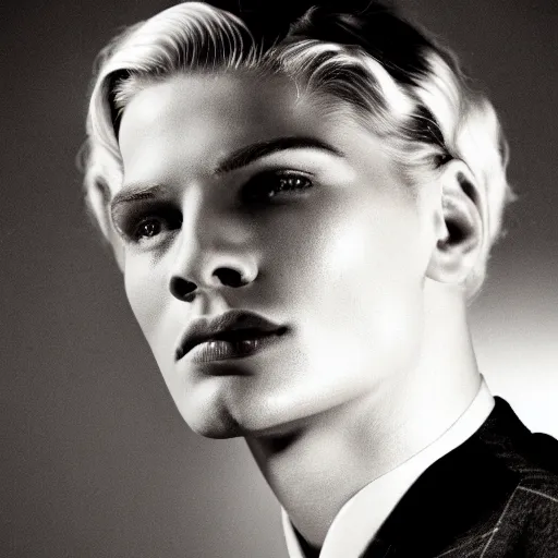 Prompt: a beautiful close - up of a blonde male actor from the 1 9 3 0 s. high cheekbones. good bone structure. dressed in 1 9 4 0 s style. butterfly lightning. key light sculpting the cheekbones. by george hurrell.