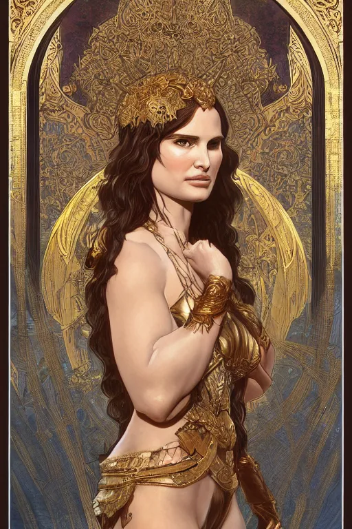 Prompt: natalie portman as dejah thoris, painted by nekro, alphonse mucha, dark - fantasy, intricate detail, artstation, cgsociety, rococo, gold leaf art