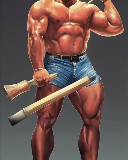 Prompt: gigachad ron swanson bodybuilder holding a hammer in final fight office by ilya kuvshinov, ernest khalimov body by krista sudmalis, fantasy character portrait, ultra realistic, concept art, intricate details, elegent, digital painting, smooth, sharp focus, illustration, art by artgerm and greg rutkowski and alphonse mucha, artstation