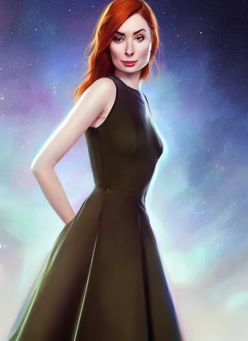 Prompt: full body young felicia day portrait, elegant dress, space background, art by artgerm, wlop, loish, ilya kuvshinov, 8 k realistic, hyperdetailed, beautiful lighting, detailed background, depth of field, symmetrical face, frostbite 3 engine, cryengine,