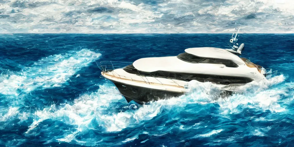 Image similar to motor yacht in a turbulent sea, 8 k, expressive, highly detailed, aiwasowski style,