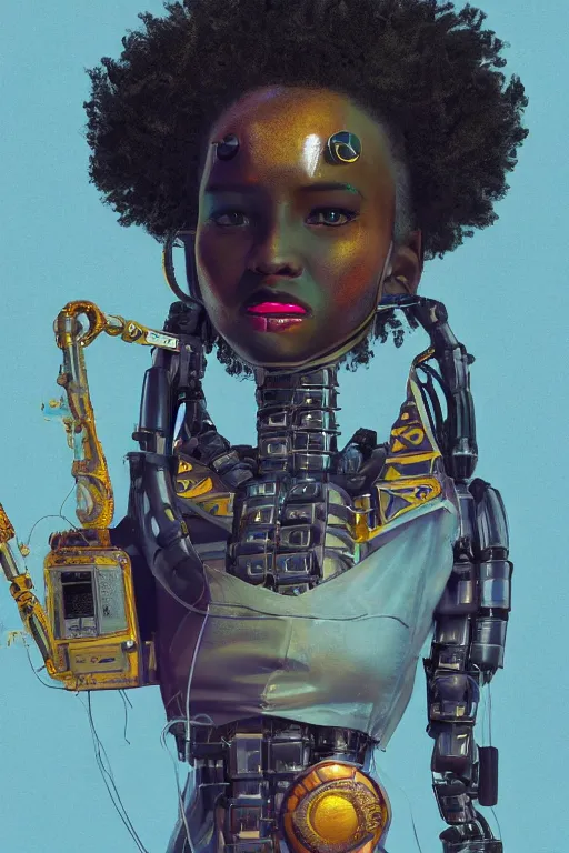 Image similar to a black girl fixing a robot, in the nature, mixing solarpunk, afropunk and cyberpunk technology and aesthetic ( ( ( ( volumetric light ) ) ) ), high angle, part by pearl fryar, part by prince damah, sunny day, trending on artstation, cinematic view, illustration, painting.