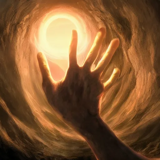 Image similar to a celestial holy hand coming from a portal down to earth, dynamic lighting, fantasy concept art, trending on art station, stunning visuals, creative, cinematic, ultra detailed, ray tracing