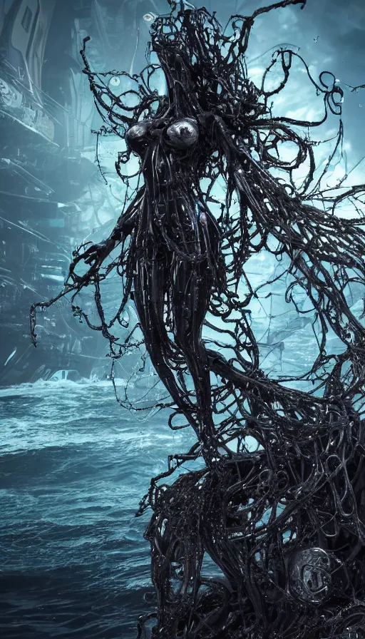 Image similar to a biomechanical sea witch emerging from the ocean, made up of bits of black metal and plastic, shiny, wet, made of nanofibres, metallic, cyberpunk, post apocalyptic, hyper realistic, epic, beautiful composition, octane render, unreal engine render, 8k, super detailed, SLICK!!