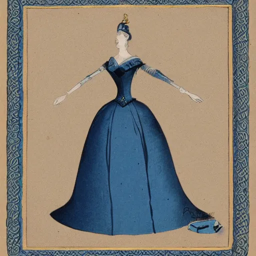 Prompt: 1 9 th century queen dessed in a [ [ [ | paris blue | colored ] ] ] dress, illustration by ritkowski