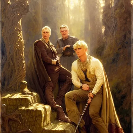 Image similar to arthur pendragon and merlin. focus on their faces. natural lighting. highly detailed painting by gaston bussiere, j. c. leyendecker, greg rutkowski 8 k