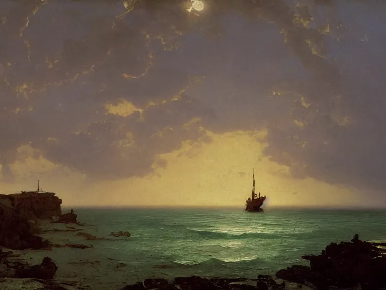 Image similar to an oil painting of a coastline at dawn, with an old shipwreck on a serene beach, beautiful sky by beksinski carl spitzweg and tuomas korpi. baroque elements, full-length view. baroque element. intricate artwork by caravaggio. Trending on artstation. 8k