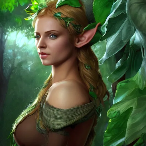 Prompt: a high-resolution photo of a beautiful elf girl (played by Kristen Steward) elegantly wrapped with green lush leaves, by Andrea Chiampo, artstation and Frederik Heyman, extremely detailed woman, stunning lighting, fantasy, 4k, scanned, by Larry Elmore, Copyright TSR 1989