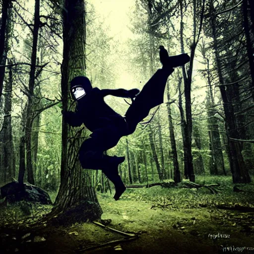 Image similar to An award winning photograph of a ninja in a moody forrest jumping, anime, steampunk, insanley detalied