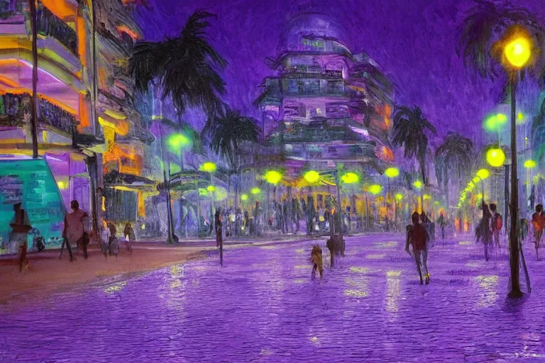 Image similar to cyberpunk rio de janeiro ipanema pao de acucar at night streetlights glowing purple beach painted by monet