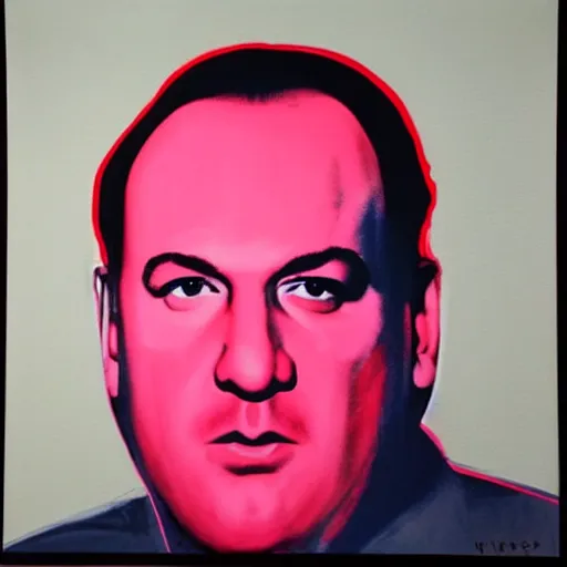 Image similar to painting of Tony soprano in the style of Andy Warhol hung on the wall of a modern art gallery, huge atrium lots of natural light, spectators looking at the painting