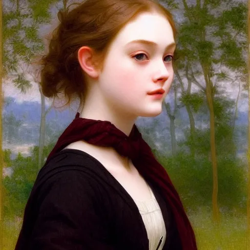 Image similar to A masterpiece head and shoulders portrait of Elle Fanning by William Adolphe Bouguereau and Makoto Shinkai