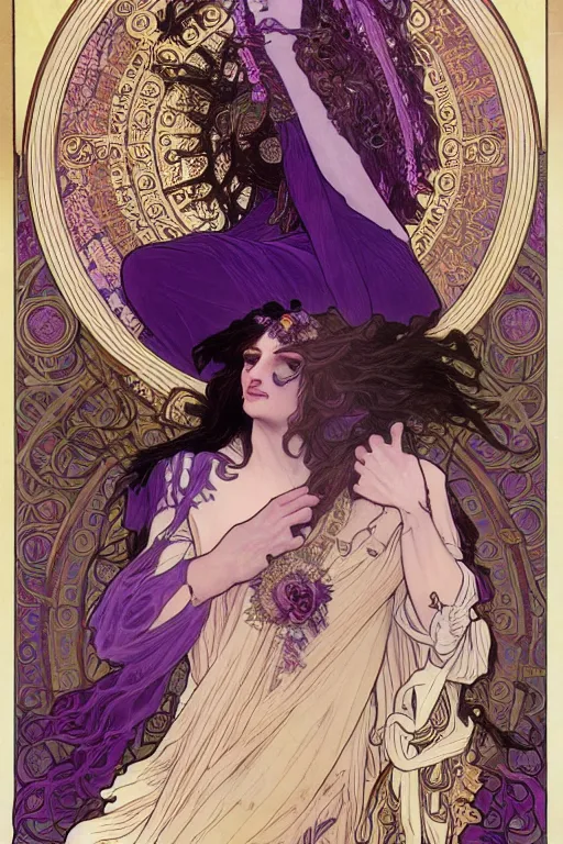 Prompt: thanatos, beautiful male god of death, closed eyes, long hair, wearing ornate violet clothes, gold jewelry, moon, by Alphonse Mucha, super detailed, 4k, illustration