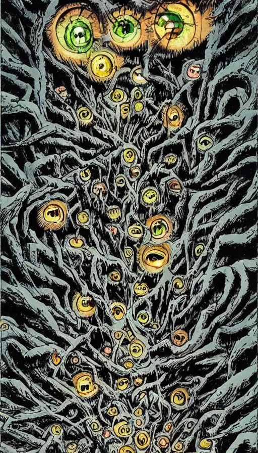 Prompt: a storm vortex made of many demonic eyes and teeth over a forest, by akira toriyama