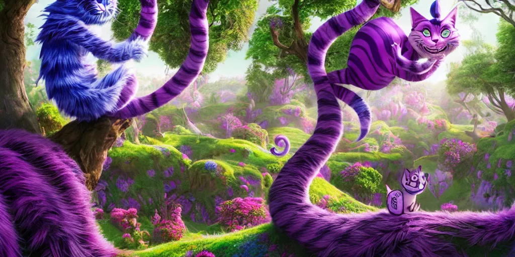 Image similar to The Cheshire Cat, Alice in wonderland, colorful, wide angle, super highly detailed, professional digital painting, artstation, concept art, smooth, sharp focus, no blur, no dof, extreme illustration, Unreal Engine 5, Photorealism, HD quality, 8k resolution, cinema 4d, 3D, beautiful, cinematic, art by artgerm and greg rutkowski and alphonse mucha and loish and WLOP